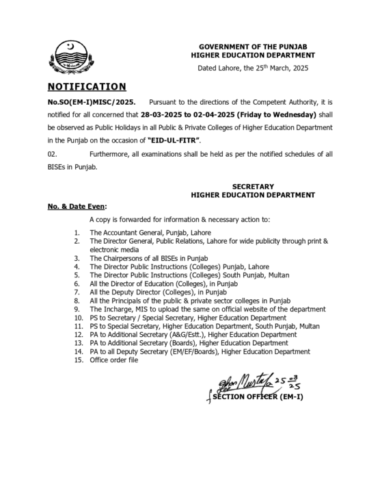Notification Image: Eid ul Fitr 2025 Holidays in Pakistan